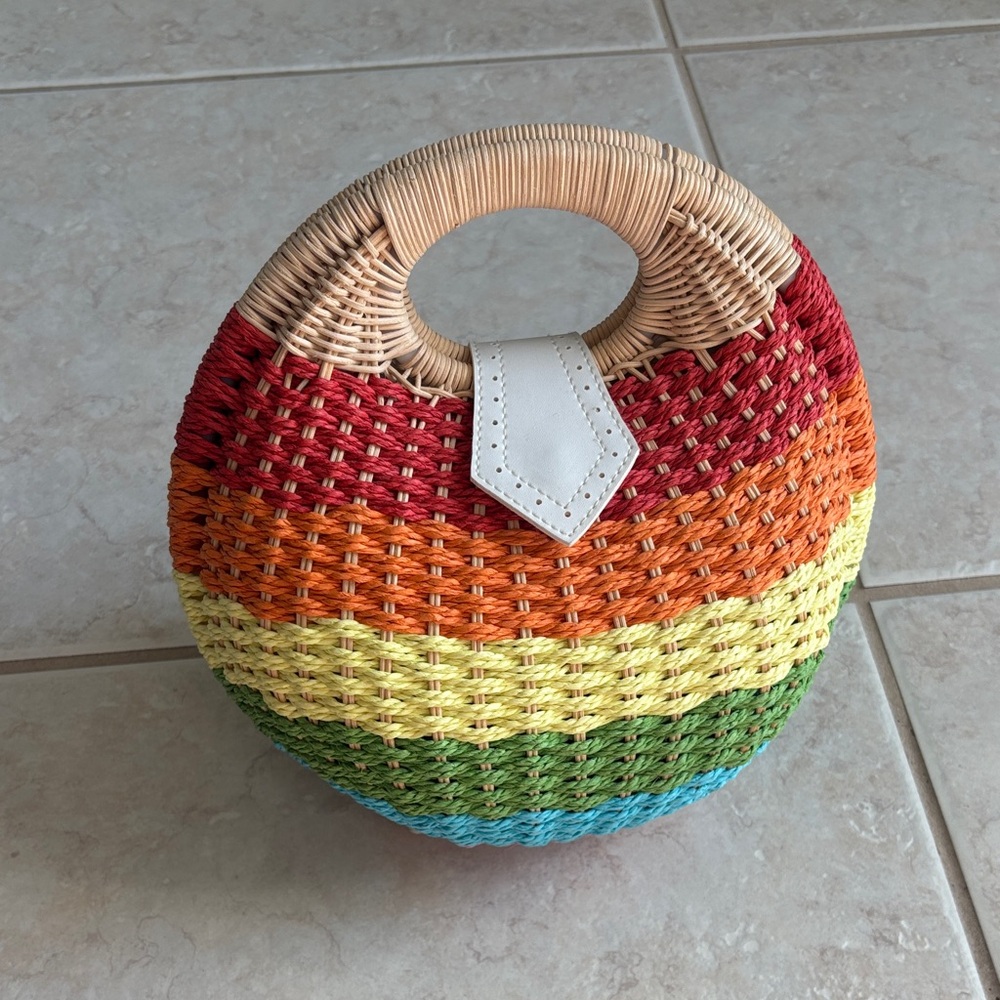 Collectif Rainbow Striped Round Woven Tote with White Tab